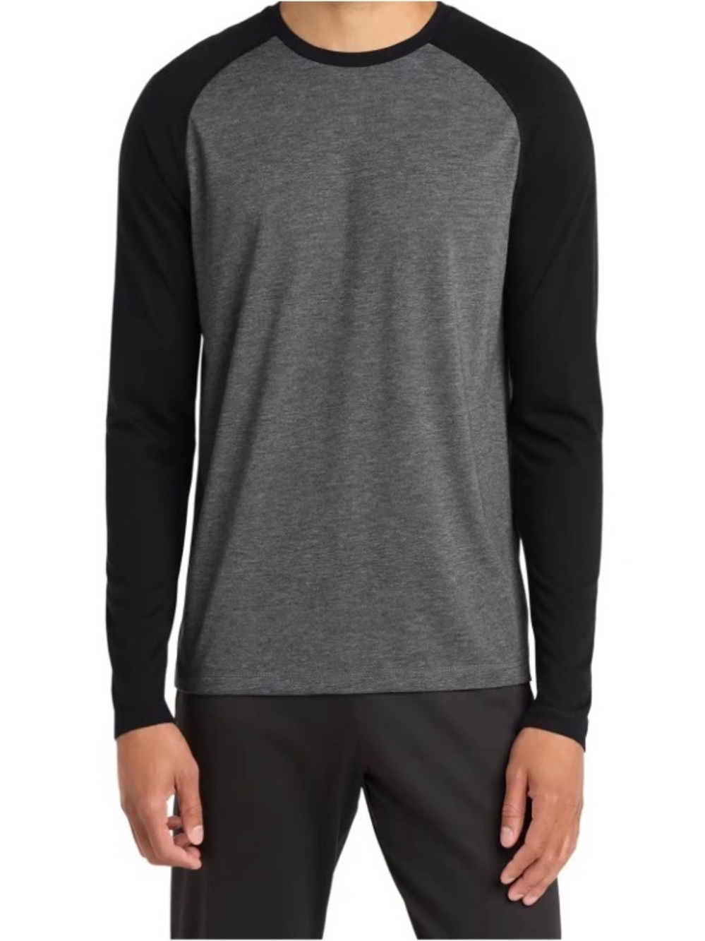 George Mens Long-Sleeve Raglan Tee in Charcoal and Black